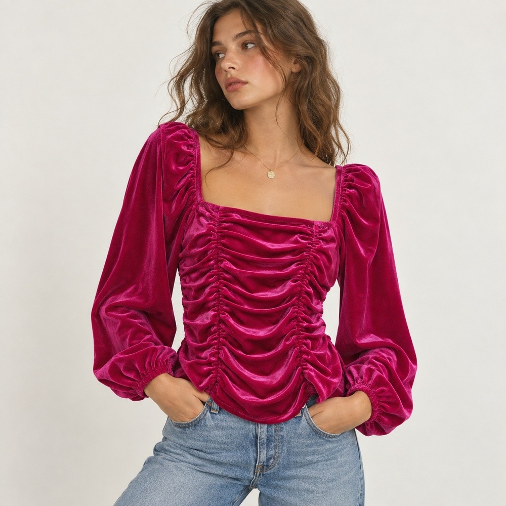 THML Womens Small Fuchsia Pink Velvet Ruched V-Neck Flutter Sleeve Top